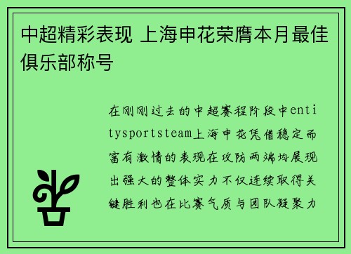 中超精彩表现 上海申花荣膺本月最佳俱乐部称号