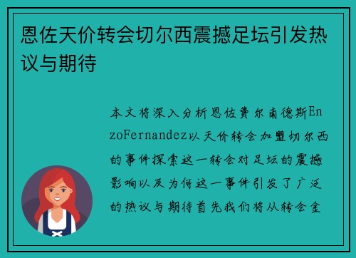 恩佐天价转会切尔西震撼足坛引发热议与期待