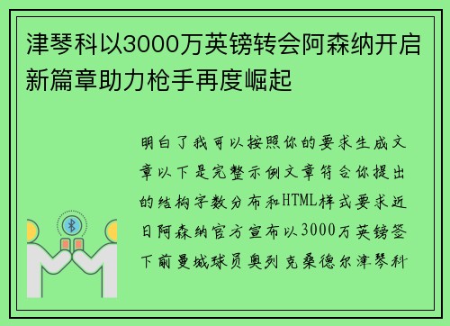 津琴科以3000万英镑转会阿森纳开启新篇章助力枪手再度崛起